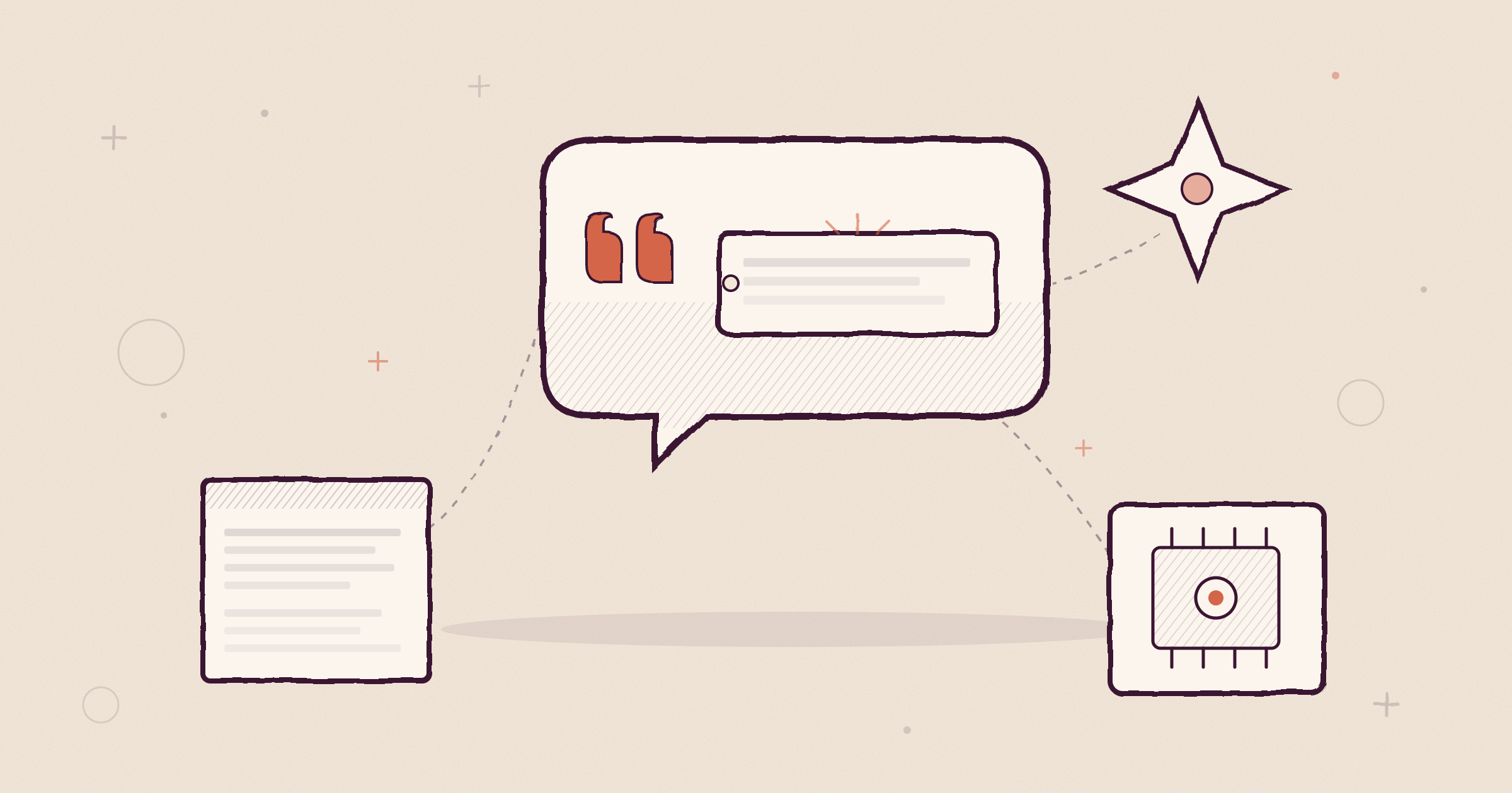 Monochrome hand-drawn editorial illustration of a citation tag lifting from web content with an AI answer bubble and quote marks representing answer engine optimization