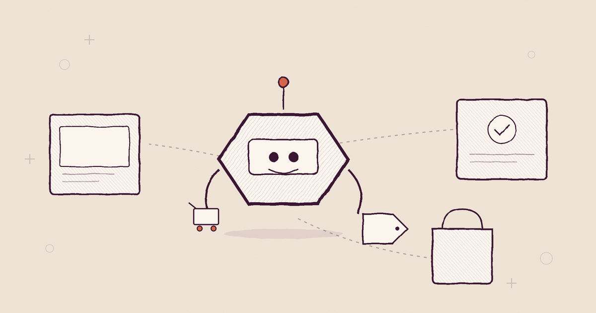 Monochrome hand-drawn editorial illustration of an AI agent shopping across multiple stores with checkout and payment flow