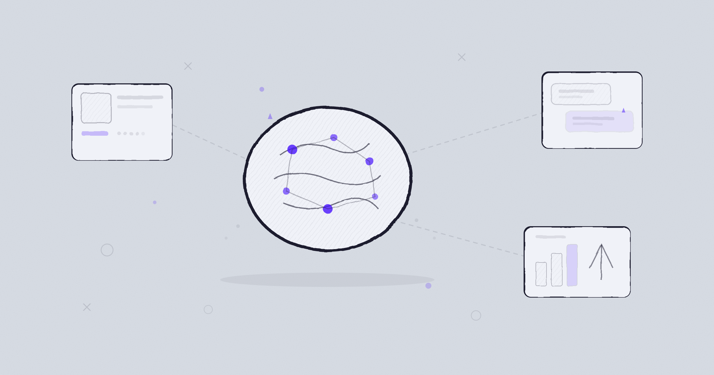 Monochrome hand-drawn editorial illustration of an AI brain with neural network nodes connected to satellite product cards, search interface, and analytics chart