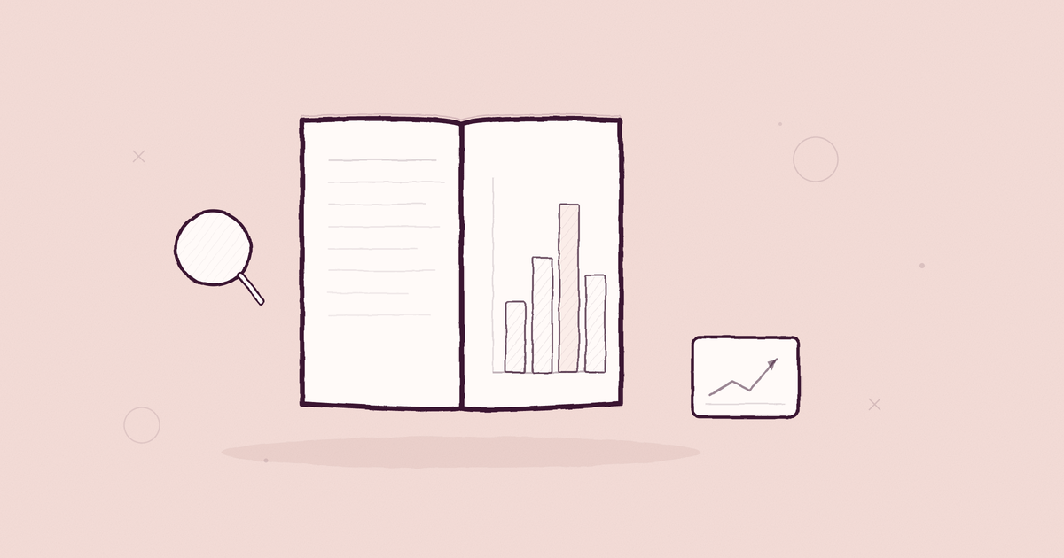 Monochrome hand-drawn editorial illustration of an open book with charts and a magnifying glass representing the complete ecommerce SEO guide