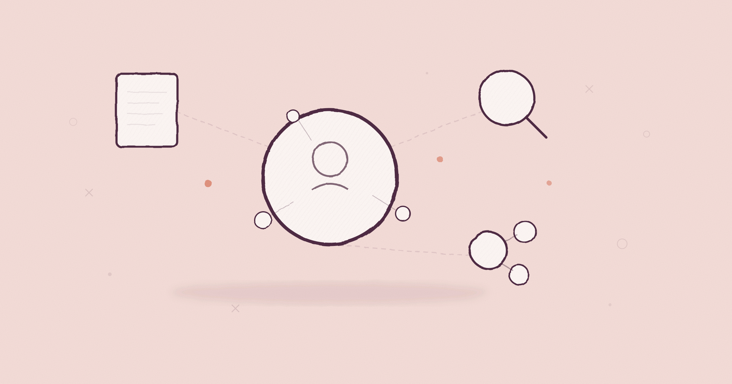 Monochrome hand-drawn editorial illustration of interconnected knowledge nodes representing entity SEO relationships and the Knowledge Graph