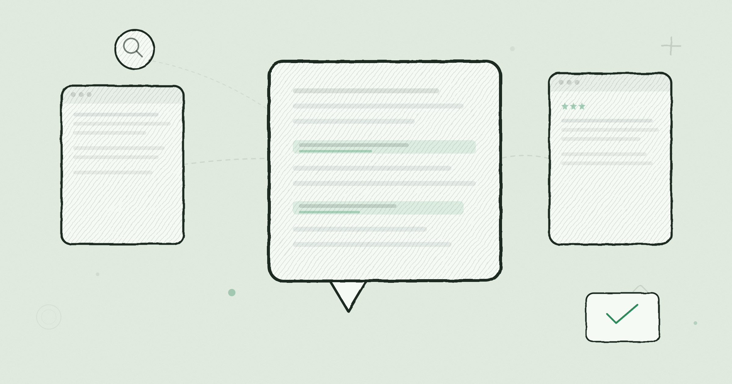 Isometric editorial illustration of AI search engines synthesizing answers from multiple sources into a single conversational response