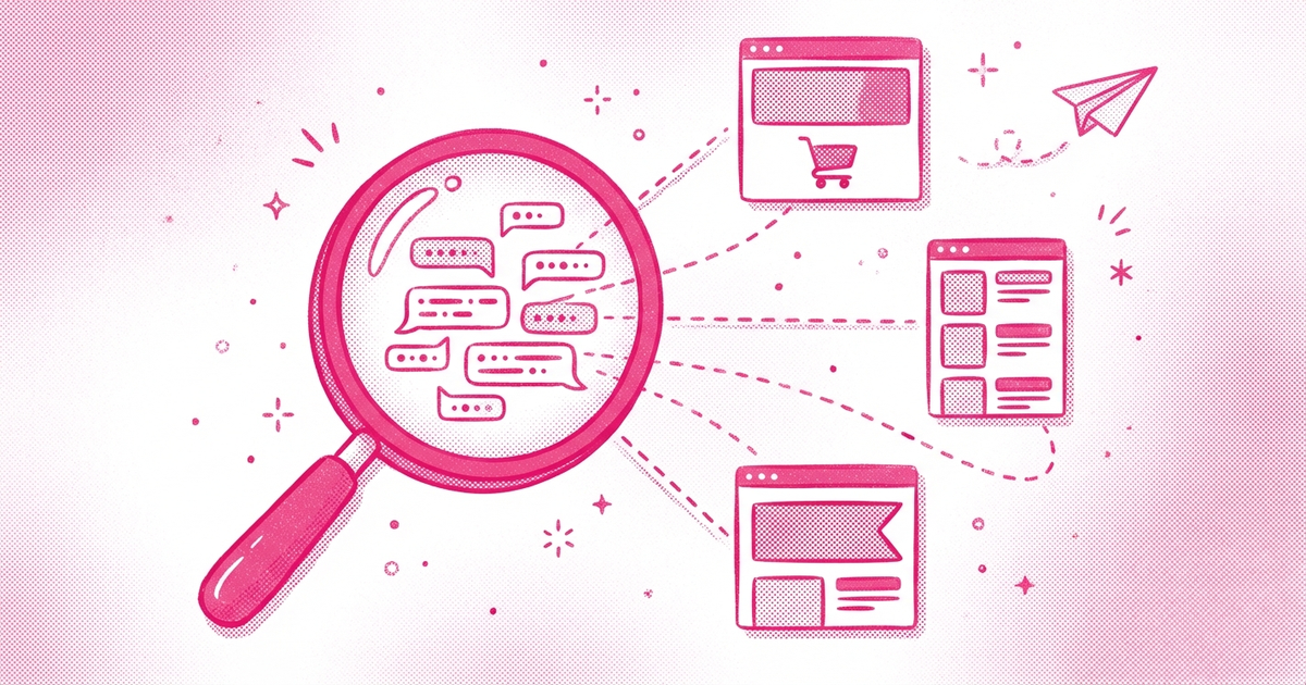 Hot pink and white duotone risograph illustration of magnifying glass over a constellation of keyword bubbles connected to ecommerce store pages