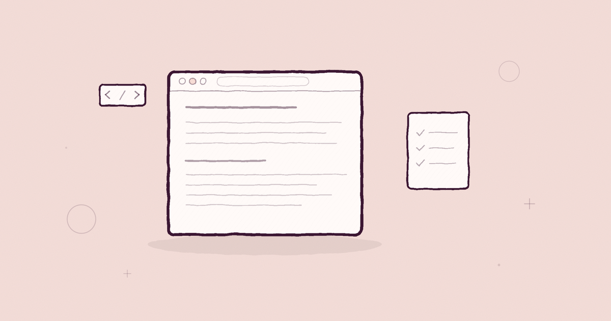 Monochrome hand-drawn editorial illustration of a browser window with structured content blocks and a checklist representing on-page SEO optimization