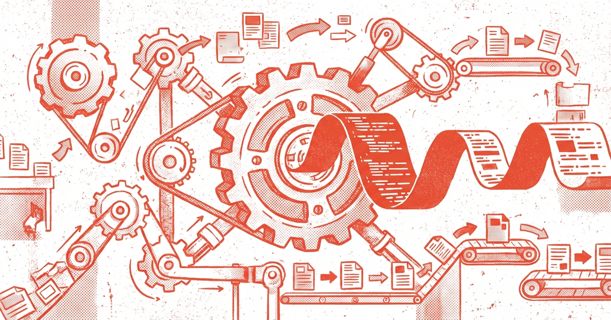 Coral red and white duotone risograph illustration of interlocking gears, code ribbons, and pipeline belts representing Python automation for ecommerce SEO
