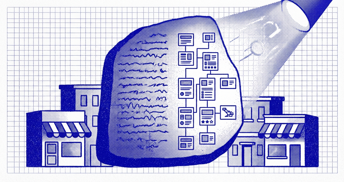 Duotone deep blue risograph illustration of structured data nodes and schema connections representing how schema markup translates web content for search engines