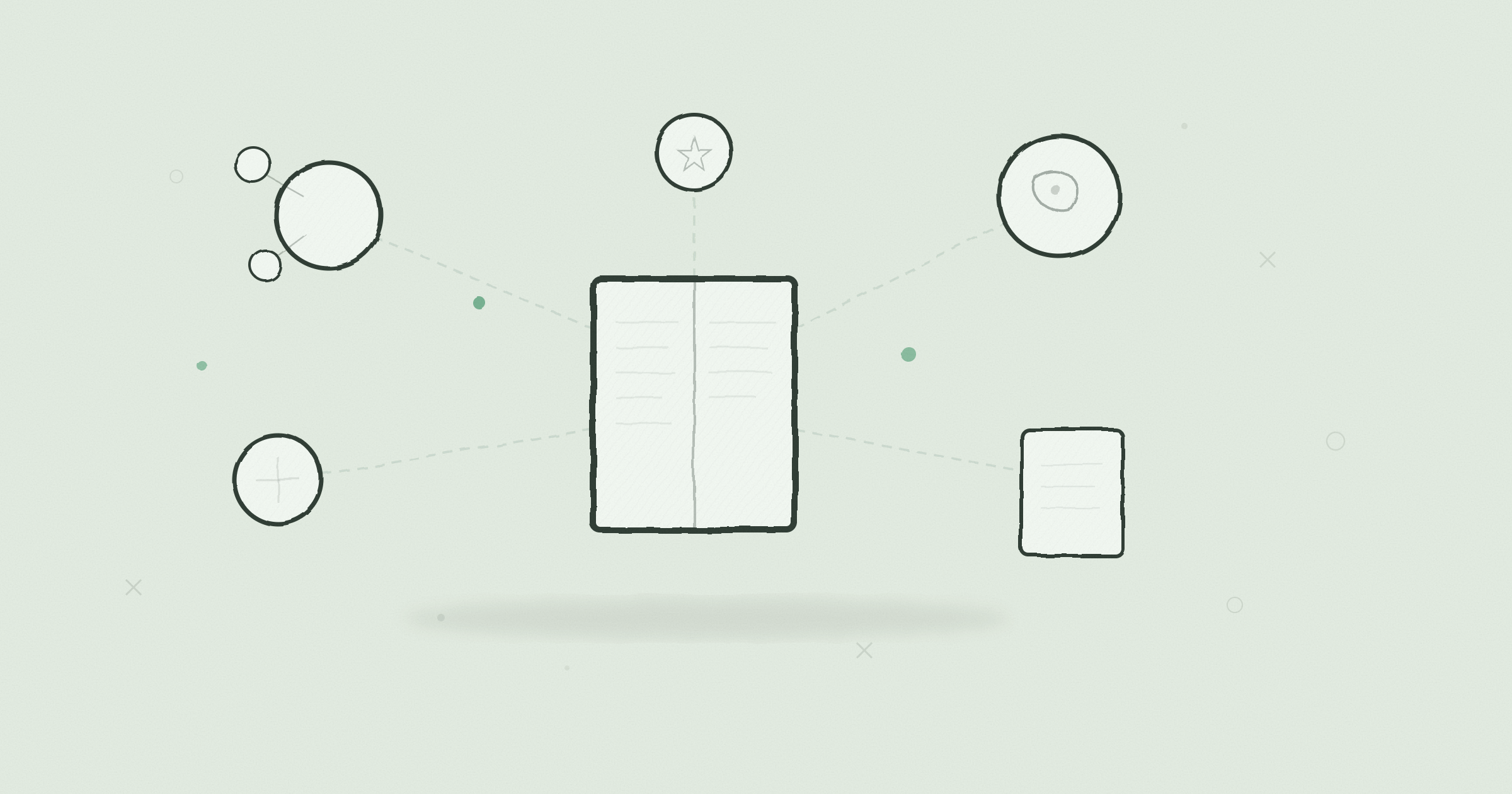 Monochrome hand-drawn editorial illustration of interconnected topic clusters and semantic web connections representing semantic SEO strategy