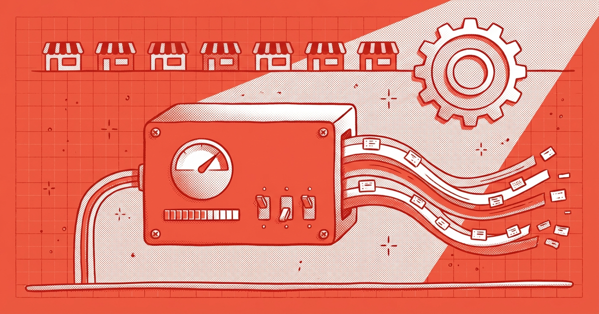 Duotone coral red and white risograph illustration of interconnected gears, dashboards, and data streams representing SEO automation systems