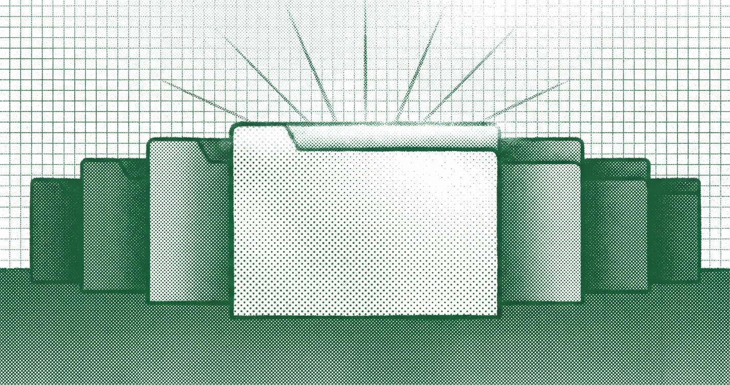 Duotone green and white risograph illustration of search result cards with one highlighted, representing title tag visibility in SEO