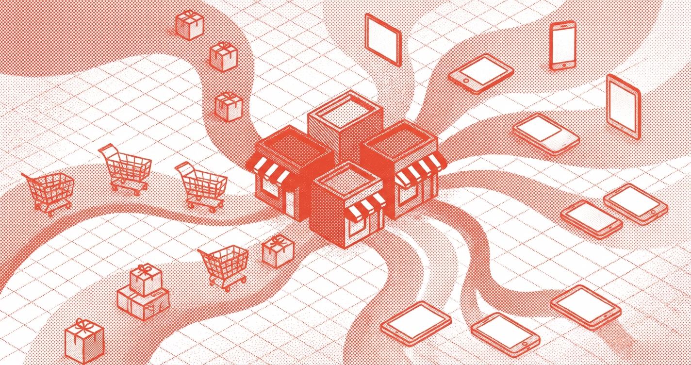 Duotone coral red and white risograph illustration of interconnected shopping carts and transaction networks representing how ecommerce works