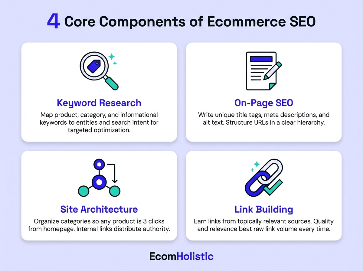 Infographic showing 4 core components of ecommerce SEO: Keyword Research, On-Page SEO, Site Architecture, and Link Building