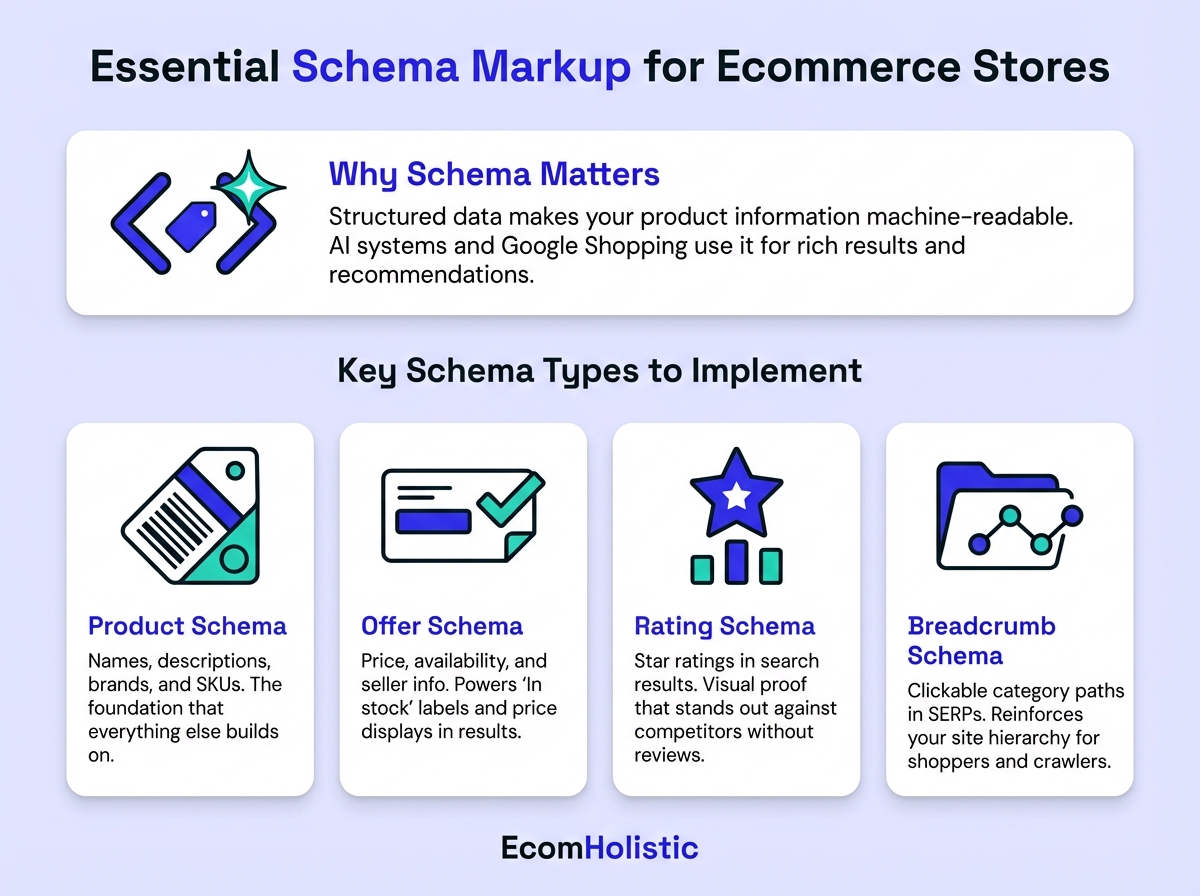 Infographic showing essential schema markup for ecommerce stores: Product Schema, Offer Schema, Rating Schema, and Breadcrumb Schema