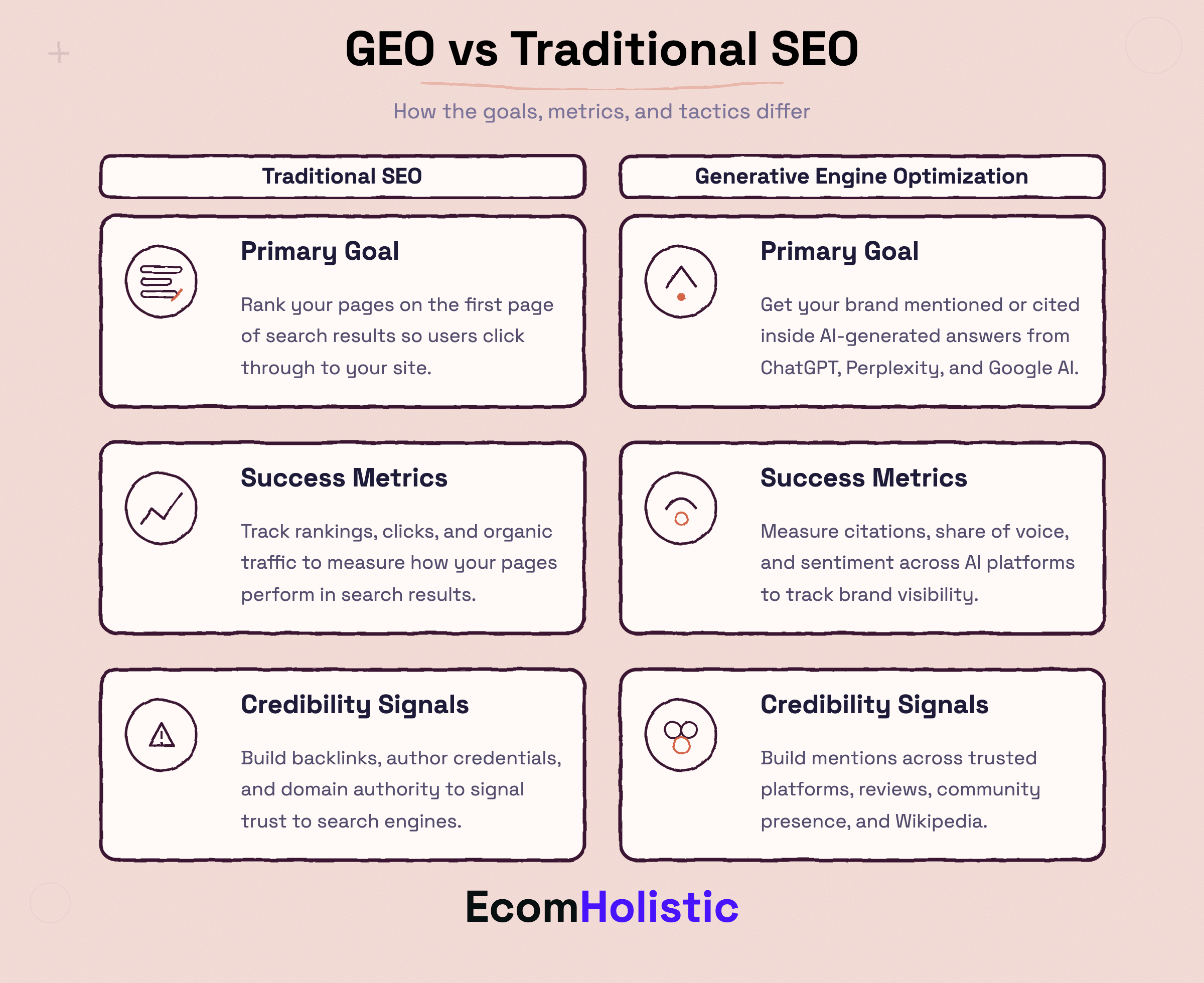 Infographic comparing Traditional SEO goals of rankings and clicks with GEO goals of AI citations and brand mentions