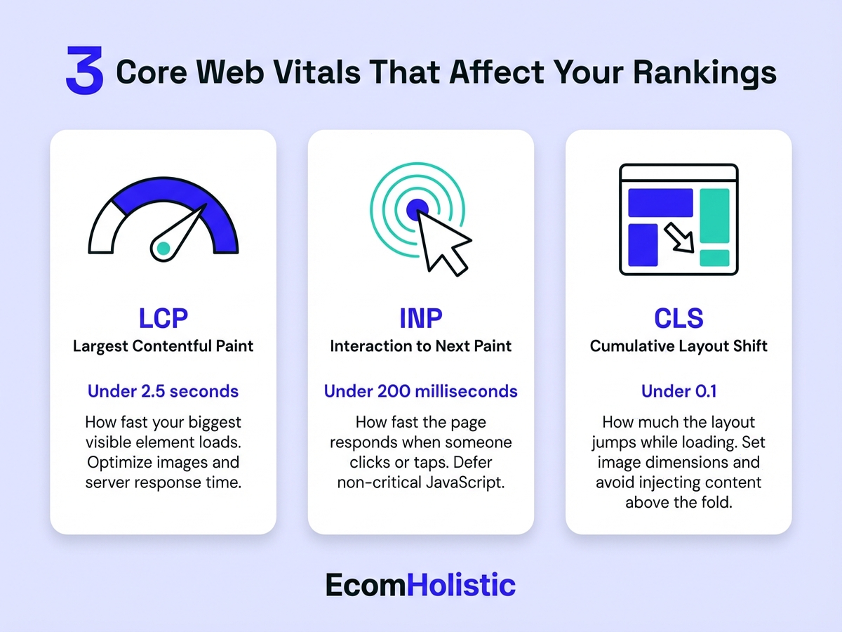 Infographic showing 3 Core Web Vitals: LCP under 2.5 seconds, INP under 200 milliseconds, CLS under 0.1