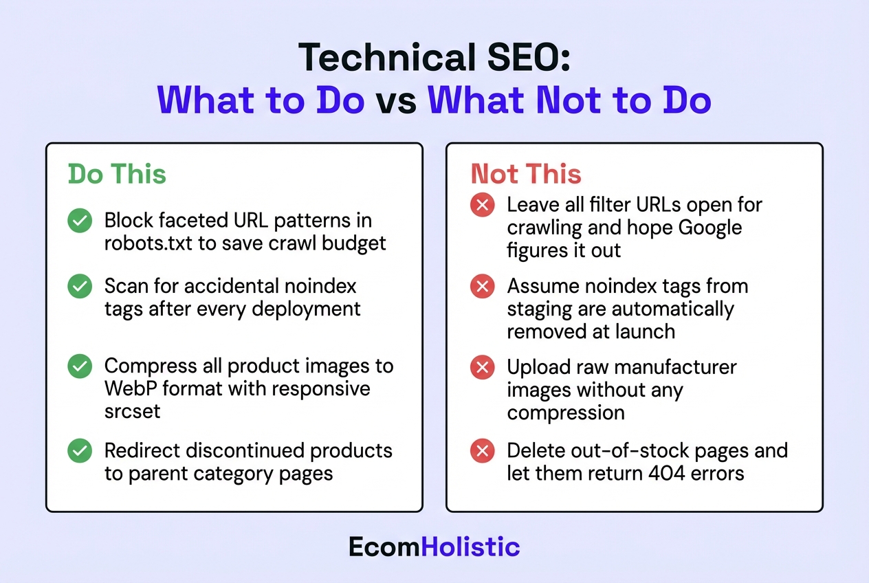 Infographic comparing correct versus incorrect technical SEO practices: Block faceted URLs, Scan for noindex tags, Compress images to WebP, Redirect discontinued products