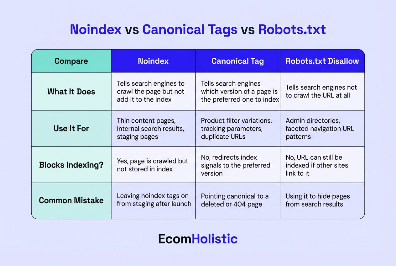 Infographic comparing Noindex, Canonical Tags, and Robots.txt Disallow across four dimensions: What It Does, Use It For, Blocks Indexing, and Common Mistake