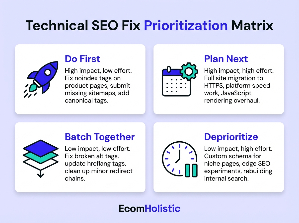 Infographic showing a 2x2 prioritization matrix for technical SEO fixes: Do First, Plan Next, Batch Together, Deprioritize