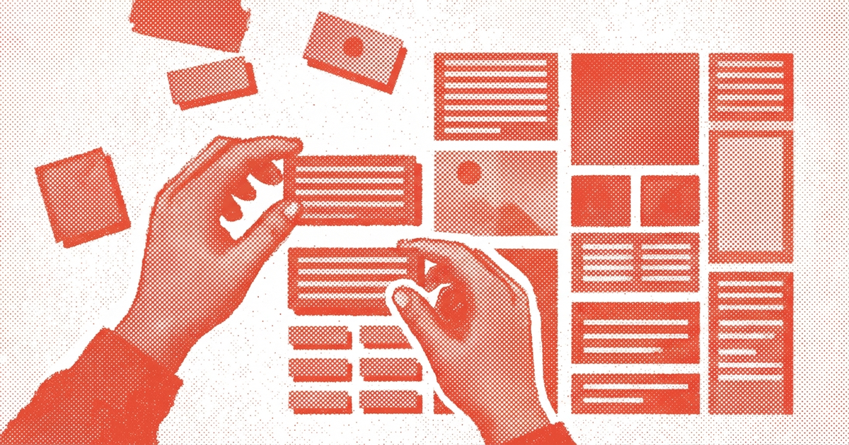 Duotone pink risograph illustration of webpage content structure, HTML tags, and internal links representing on-page SEO optimization