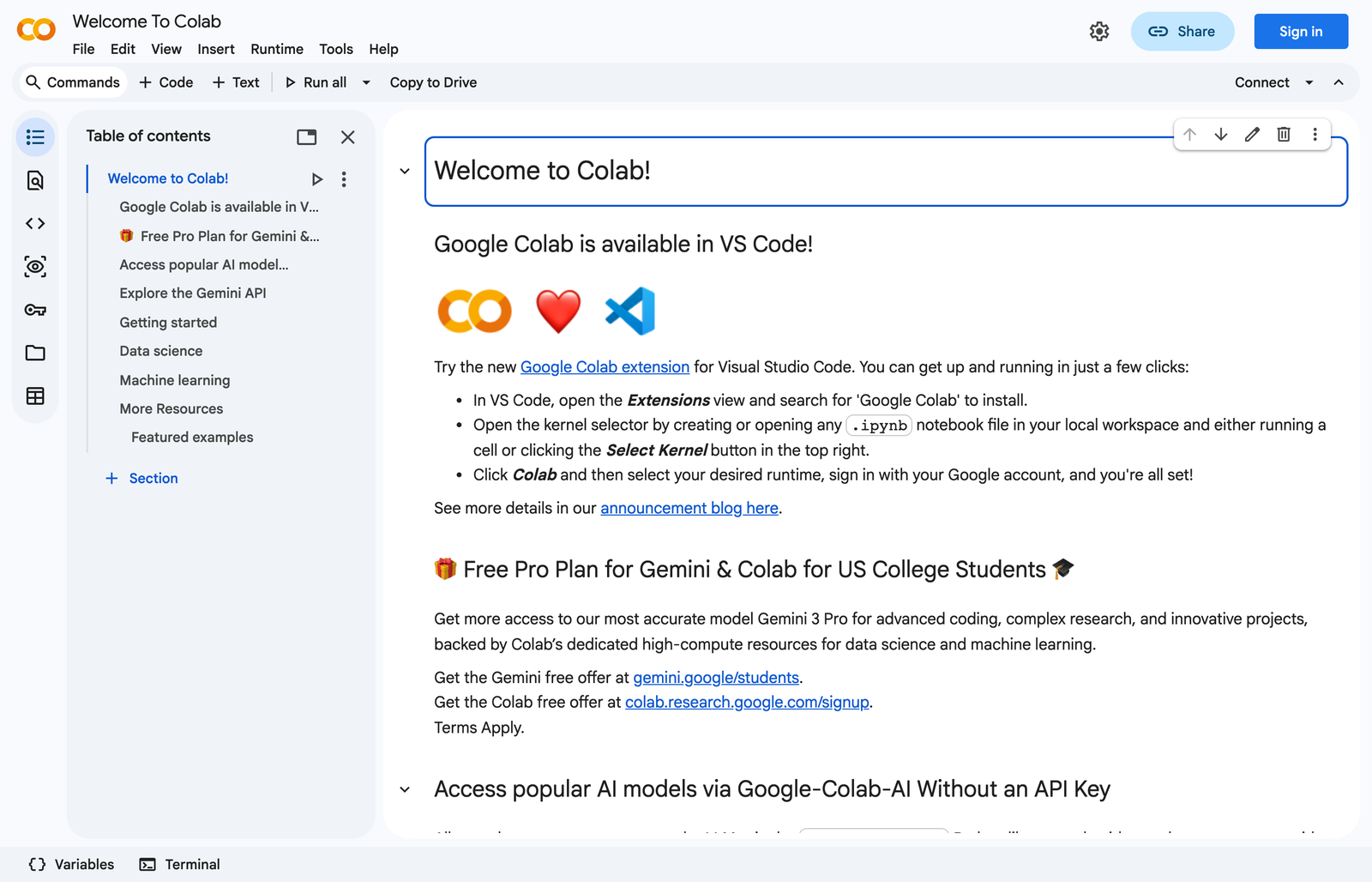 Google Colab interface showing the Welcome to Colab notebook with the table of contents sidebar, code cells, and toolbar — captured live from colab.research.google.com