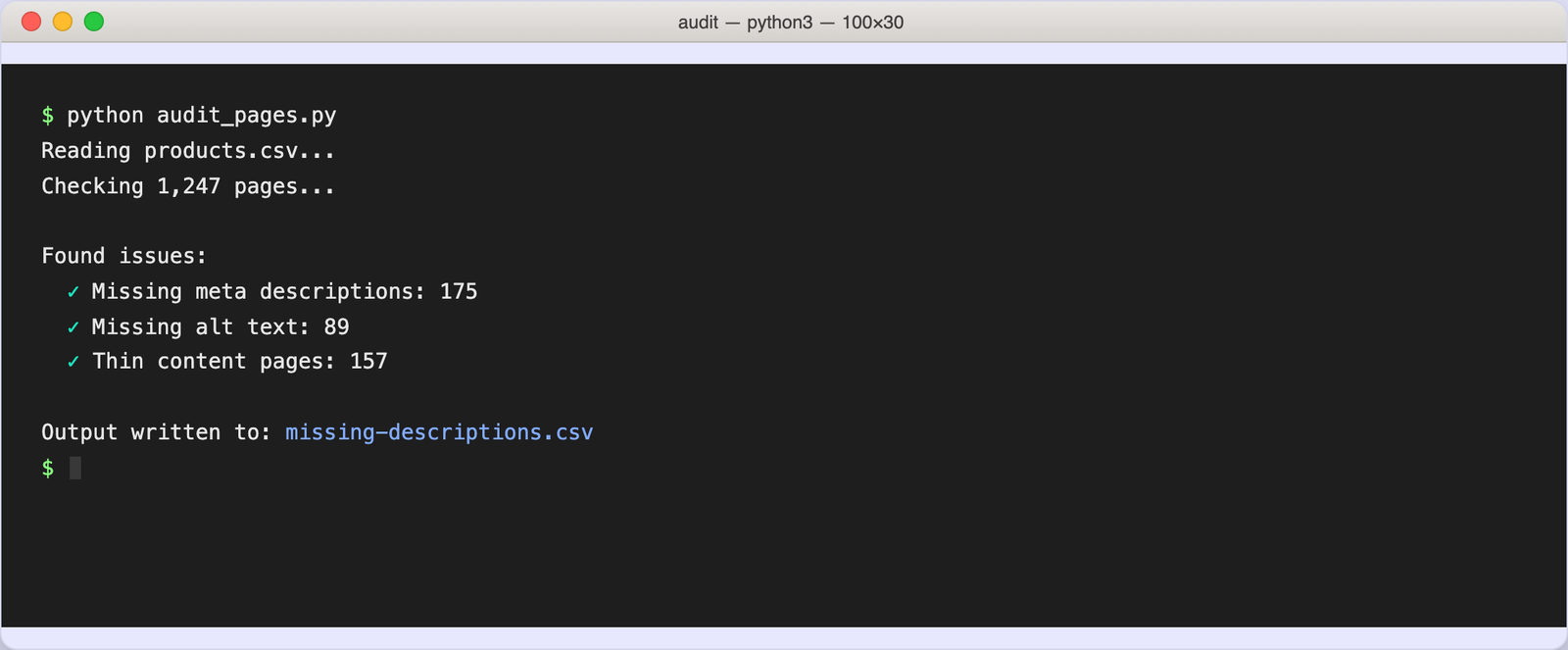 Real terminal output from running python audit_pages.py against a 1,247-row products CSV — shows missing meta descriptions, missing alt text, and thin content page counts