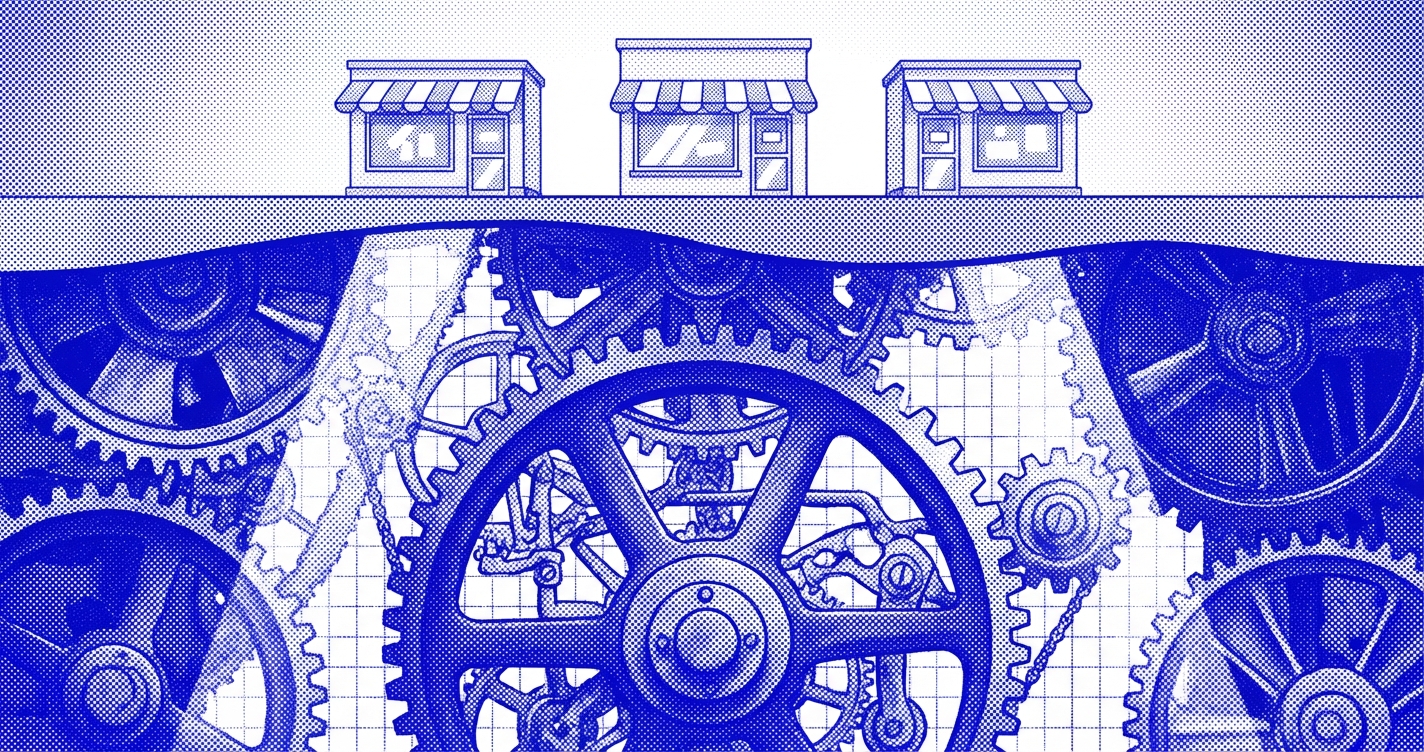 Duotone blue risograph illustration of servers, crawl paths, and speed metrics representing technical SEO infrastructure for ecommerce stores